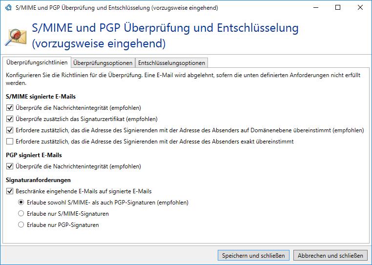 Konfiguration Verschlüsselung Mit diesen Aktionen können Sie E-Mails an externe Adressen signieren und verschlüsseln, sowie EMails an lokale Adressen überprüfen und entschlüsseln.