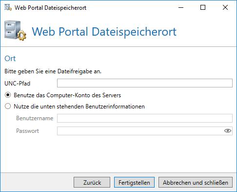 Konfiguration Bild 180: Speicherorte für die 'Large Files' Je nach ausgewähltem Speicherort müssen Sie Speicherort und/oder Benutzerinformationen eingeben (Bild 181).