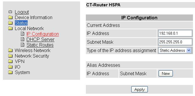 Local Network Im Menü Local Network können Sie die lokale Netzwerkeinstellung für den CT-Router HSPA vornehmen.