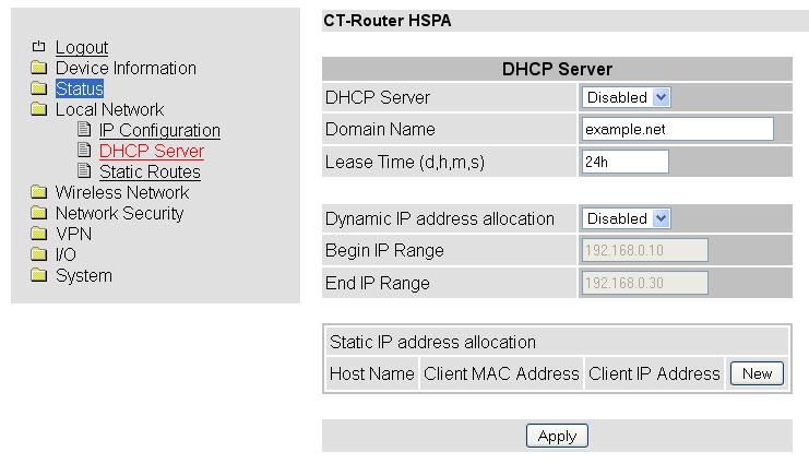 Local Network DHCP Server Local Network >> DHCP Server DHCP Server Deaktiviert / Aktiviert Domain Name Domain-Namen eintragen, der über DHCP verteilt wird.
