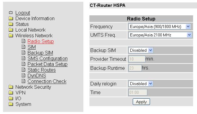 Wireless Network Im Wireless Network -Menü legen Sie Einstellungen für die Nutzung des Mobilfunknetzwerkes des Router HSPA fest. Radio Setup Wireless Network >> Radio Setup Frequency UMTS Freq.