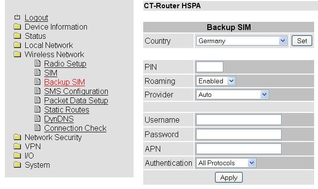 Wireless Network Backup SIM Wireless Network >> Backup SIM Country PIN Roaming Auswahl des Landes, in dem der Router in das GSM-Netz eingewählt wird (Schränkt die Auswahl unter dem Punkt "Provider"