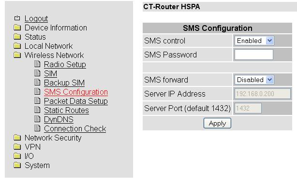 Wireless Network SMS Configuration Wireless Network >> SMS Configuration SMS control SMS Password SMS forward Server IP Address Server Port (default 1432) Disable: den Router per SMS steuern -