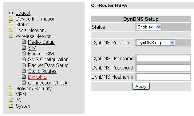 Wireless Network DynDNS Wireless Network >> DynDNS DynDNS Disable: Deaktivierung der DynDNS Enable: Aktivierung der DynDNS DynDNS Provider DynDNS Username