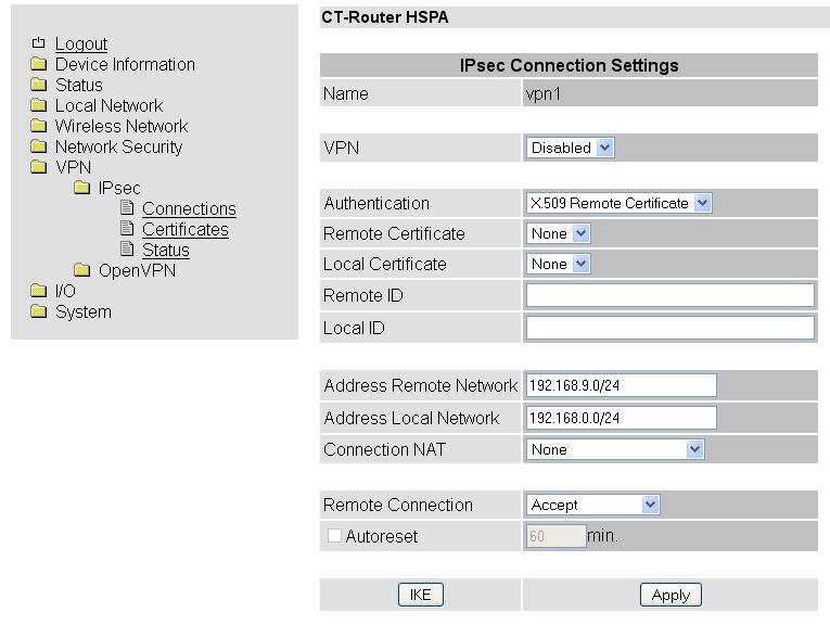 VPN-IPsec Connections Settings VPN >> IPsec >> Connections >> Settings >> Edit Name VPN Remote Host Name der VPN-Verbindung Aktivieren (=Enable) oder Deaktivieren (=Disable) der VPN-Verbindung