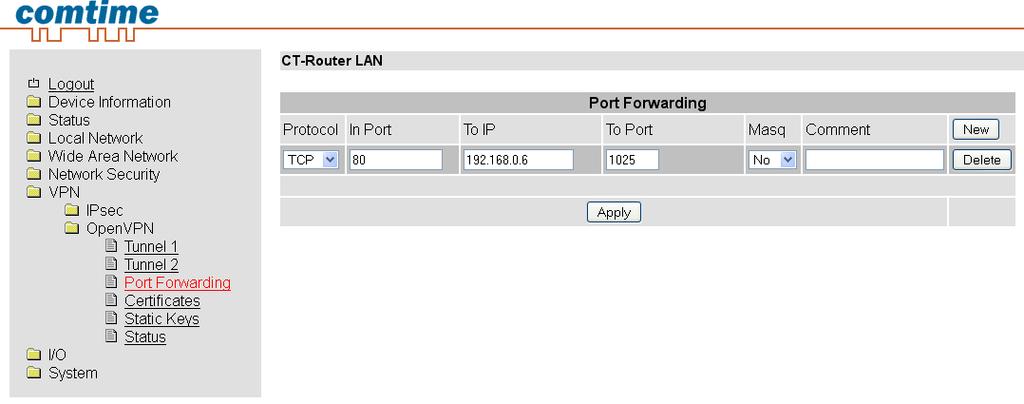 VPN - OpenVPN Port Forwarding VPN >> OpenVPN >> Port Forwarding Protocol Auswahl: TCP / UDP /