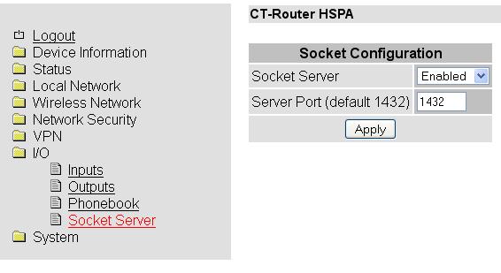 I/O Socket Server I/O >> Socket Server Socket Server Disable: Ansteuern des Routers über Ethernet deaktiviert Enable: Ansteuern des Routers über Ethernet aktiviert Server Port (default 1432) Socket