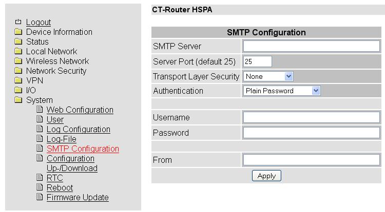 System SMTP Configuration System >>SMTP Configuration SMTP Server SMTP Port (default 25) Transport Layer Security Authentication IP-Adresse / Hostname des SMTP Servers Port des SMTP Servers