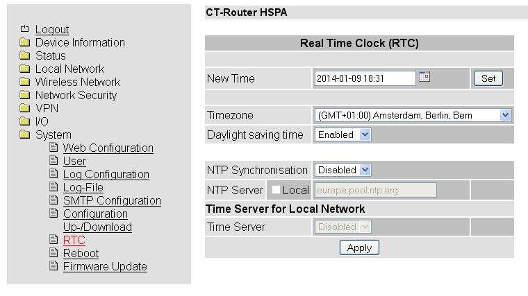 System RTC System >> RTC New Time Timezone Daylight saving time NTP Synchronisation NTP Server Time Server Manuelle Zeitkonfiguration, falls kein NTP-Server vorhanden ist.