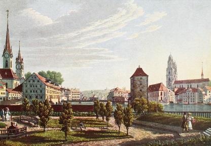 «Von dem Hel mhauss zu Zürich gegen dem Bau-Hauss», Johann_Balthasar Bullinger, 1770 Bauschänzli, Landungsstelle, 1835-1883 Auf dem «Grundriss der Statt Zürich samt derselben Fortifications Werken»