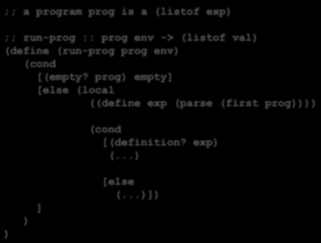 Thema 8: Interpreter-basierte Semantik: Meta-Interpreter für ein Teil von Racket - Ausführen von Programmen Die Operation run-prog ;; a program prog is a (listof exp) ;; run-prog ::