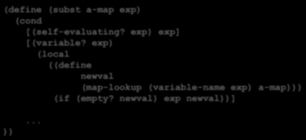 Thema 8: Interpreter-basierte Semantik: Meta-Interpreter für ein Teil von Racket - Auswertung in einer Umgebung Variablen und selbst-auswertende Ausdrücke (define (subst a-map exp) (cond