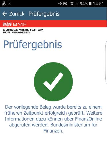 Wird ein gültiger Authentifizierungscode in der App eingegeben, wird das Ergebnis der Belegprüfung direkt in der App angezeigt.