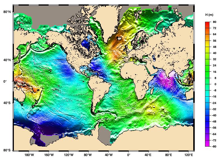 Global mean sea surface height derived from radar altimeter scanning the ocean surface The radar beam detects relief variations of about ± 80 m in places.