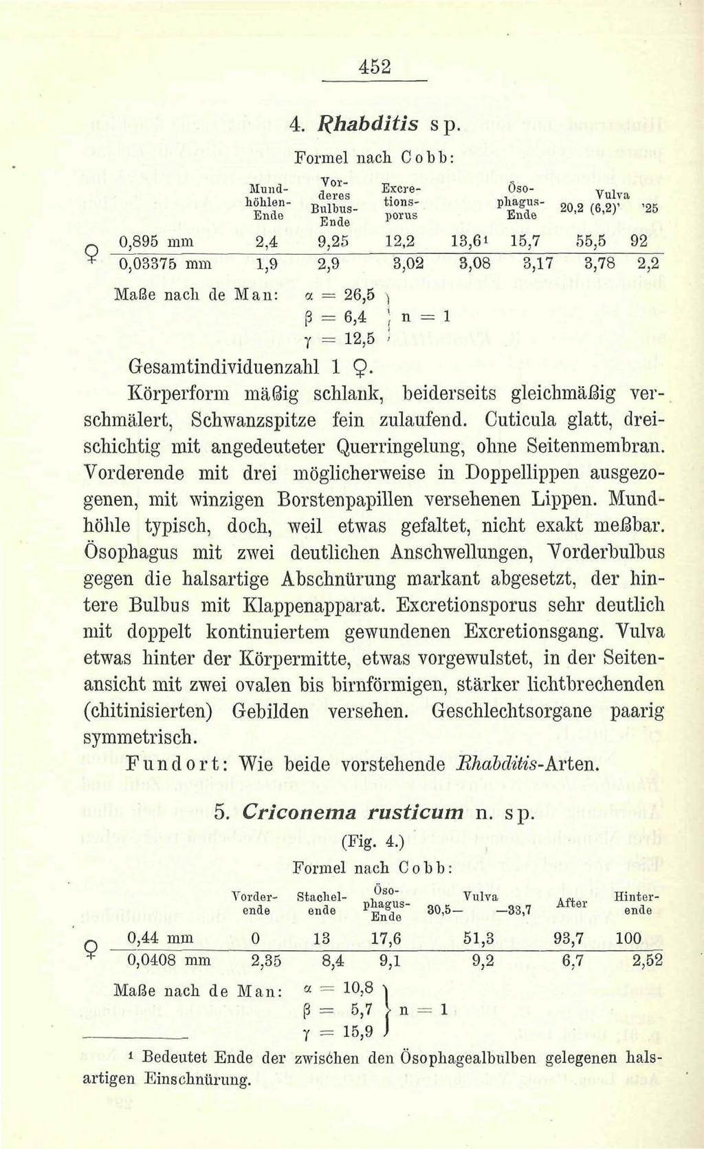452 Naturwissenschaftlicher Verein für Steiermark; download unter www.biologiezentrum.at 4. Rhabditis s P- Formel nach C o b b : Vor - Mundhöhlen- Excre- -. J?