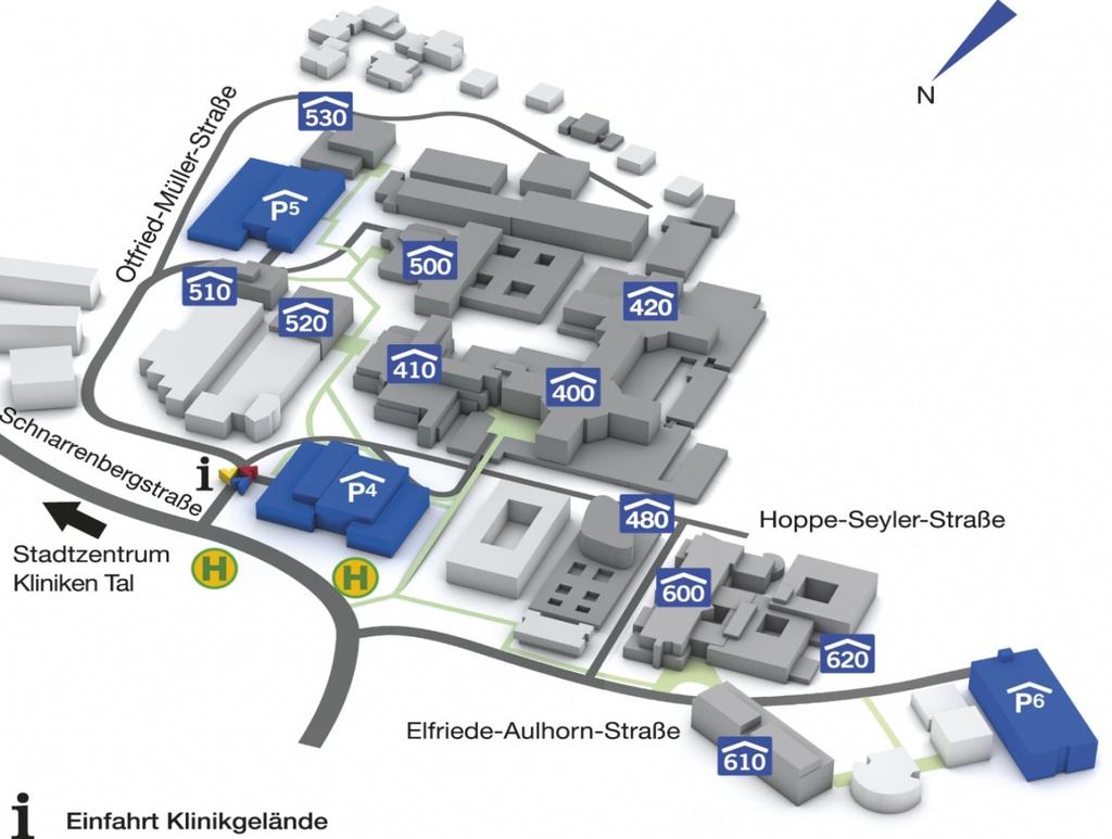 Es stehen Parkplätze in den Parkhäusern (P4, P5) des Universitätsklinikums zur Verfügung (halbe Parkgebühr für