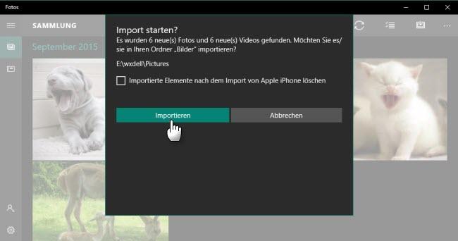 Schritt 4: Wählen Sie Ihr iphone aus den angezeigten Optionen und klicken Sie auf Importieren um Ihre Fotos vom iphone auf Windows 10 zu verschieben.