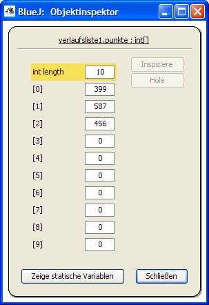 b) Erzeuge ein Objekt der Klasse VERLAUFSLISTE und teste mit dem Objektinspektor, ob die Attributwerte beim Erzeugen richtig gesetzt wurden.