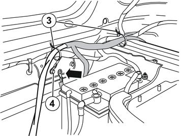 Den Ablaufschlauch (2) an die Batterie anschließen. Den Kabelbaum wie auf der Abbildung über die hintere Kante auf den linken Seitenträger und zum Halter für die Sicherung führen.