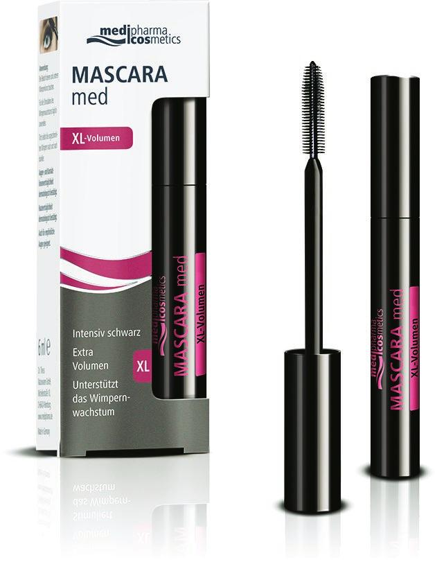 medipharma cosmetics MASCARA med XL-Volumen schenkt den Wimpern maximales Volumen, sofortige Pflege und ein tiefschwarzes Finish pigmentiert die Wimpern nach und nach dunkler unterstützt das