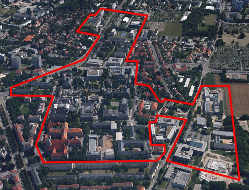 Abgrenzung Bilanzraum Kerncampus 50 Gebäudekomplexe, ca. 150 Gebäude(teile), ca. 390.000 m² NGF Heinrich-Greif- Str. Überwiegend älterer Bestand, viele Denkmale Energieverbrauch (2015): Fernwärme: ca.