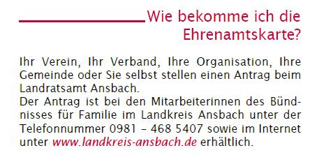 Dabei gilt die Ehrenamtskarte nicht nur für den Landkreis Ansbach, sonder für ganz Bayern. Eine Übersicht der Akzeptanzstellen finden Sie unter www.landkreis-ansbach.