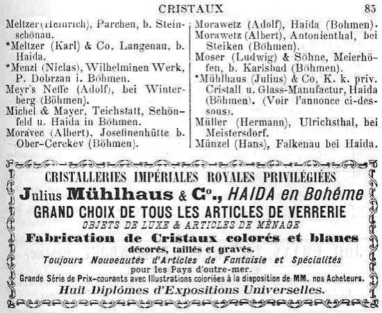 Abb. 2008-1-06/003a (Ausschnitt) Adressbuch Rousset 1898, Seite 85, Cristaux, Anzeige Julius Mühlhaus & Co., Haida en Bohême [Nový Bor] Abb.