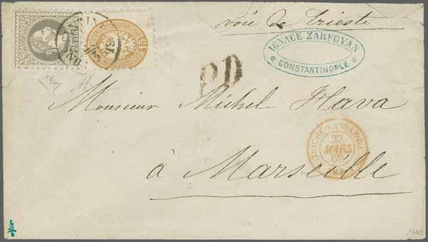 386) to outer letter sheet, endorsed "Via Varna", sent to Gera Saxonia, with Vienna transit and Gera arrival (11 / 7 /1869) cds's on reverse.