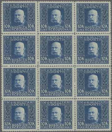 84 ** 1'500 ( 1'425) 1912: Freimarke Kaiser Franz-Joseph, 10 Kr. violettblau auf grauem Papier als sehr seltener ungez. Viereblock, farbfr., unteres Paar postfr.