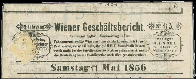 übergehend entw. mit schwarzem Doppelkreisstp. ZEITUNGS - EXPED: WIEN 17 / 5 (1856) auf kompl. "Wiener Geschäftsbericht" vom 17.