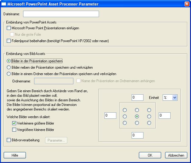 ASSETS WIEDERVERWENDEN 89 Parameter für den MS PowerPoint-Prozessor Der MS PowerPoint Asset Processor verfügt über verschiedene Parameter, die definiert werden können.