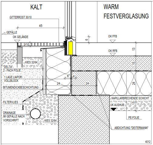 Konstruktionsdetails der Passivhaus -Hülle und Technik 4.1 Konstruktion inkl. Dämmung der Bodenplatte Vermeidung von Wärmebrücken und Kellerdeckenaufbau am Fußpunkt des aufsteigenden Mauerwerks.