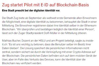 Slide 13 Blockchain: Anwendungsfall Infrastruktur für Digitale IDs Blockchainbasierte E-ID in der Stadt Zug
