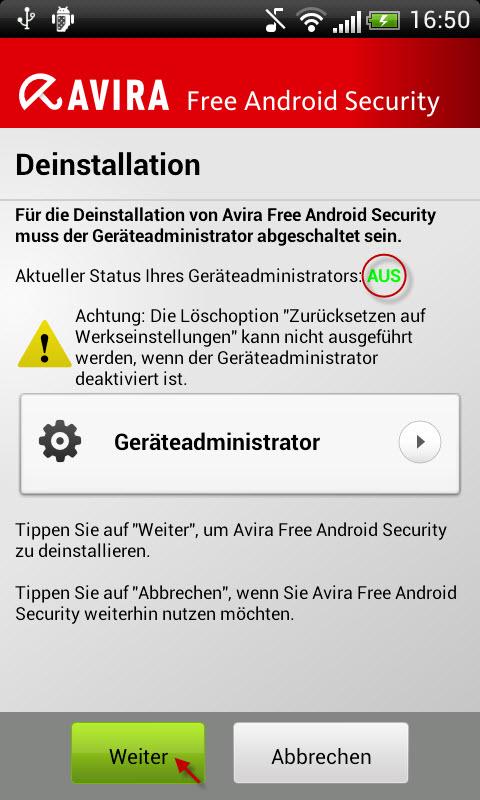 Deinstallieren von Avira Free Android Security Wenn alle Geräte vom Avira Konto deinstalliert wurden, gibt es keine Möglichkeit