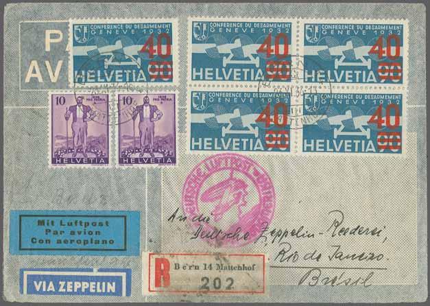 176 Schweiz: SPEZIALSAMMLUNG ZEPPELINPOST 200. Corinphila Auktion 29. - 30. Mai 2015 7351 7351M 7352M 7353M 20.Südamerikafahrt 1936: R-Brief ab "Bern 14 23.XI.36-15 Mattenhof" frankiert mit 40/90 Rp.