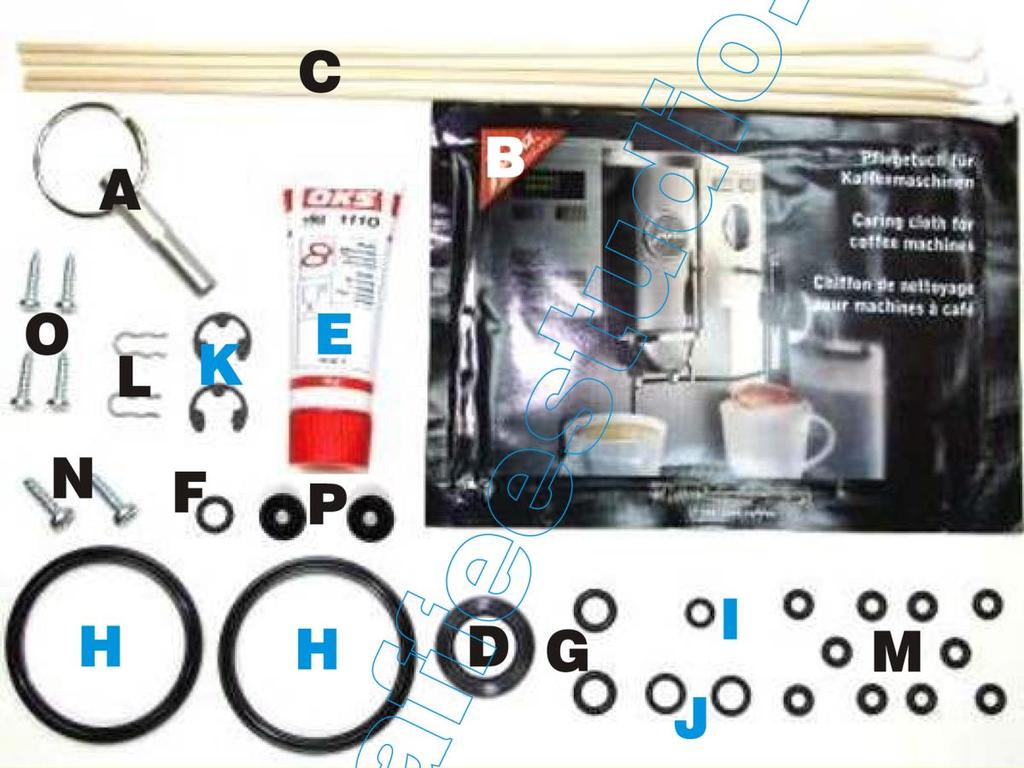 A: 1x Ovalkopf-Bit-Schlüssel B: 1x Schlauchbürste C: 5x Extralange Wattestäbchen D: 1x Wassertankdichtung E: 1x Tube Silikonfett F: 1x O-Ring Pumpenanschluss G: 2x O-Ring Dampfrohr H: 2x O-Ring