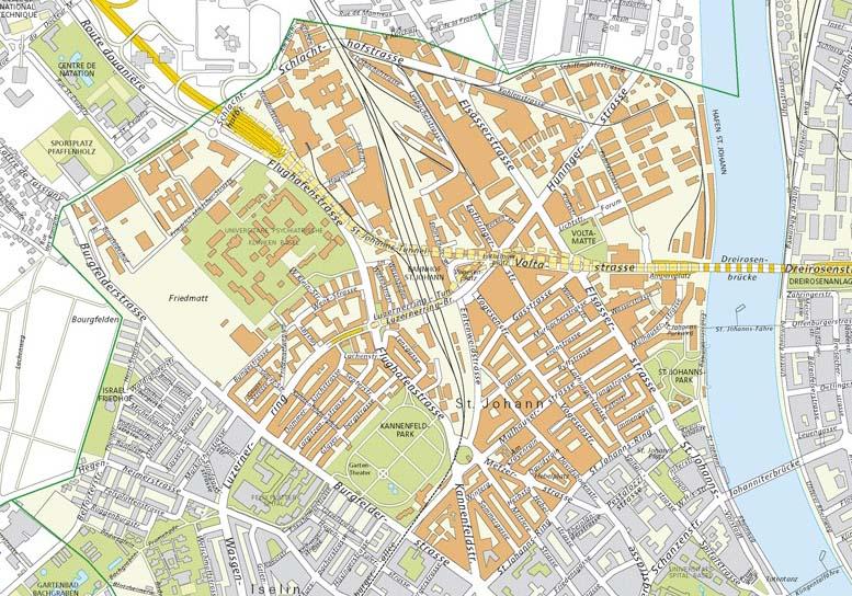 Durch die zentrale Lage im Dreiländereck ist die Anbindung an das öffentliche Verkehrsnetz ideal. Das heutige Wohnviertel St.
