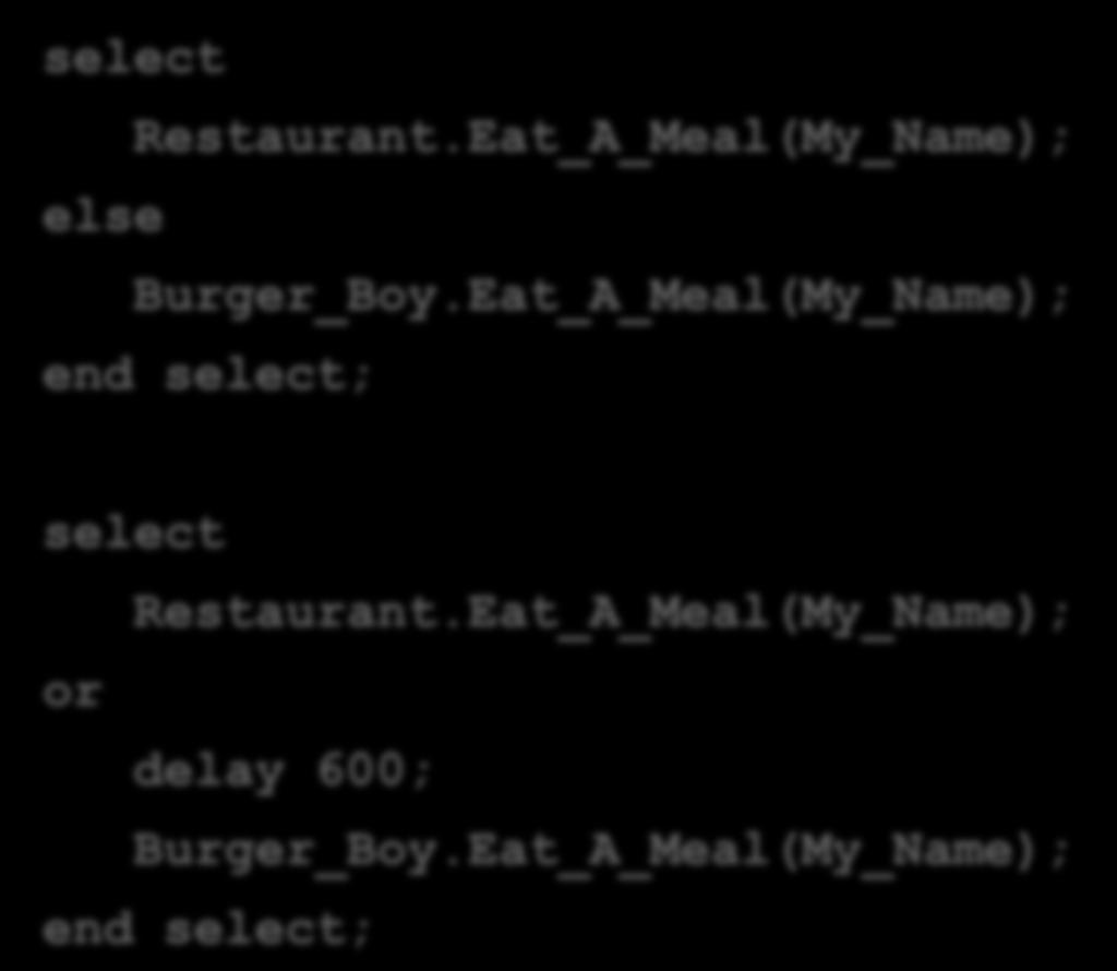 mehr zu Select 13 select Restaurant.Eat_A_Meal(My_Name); else Burger_Boy.