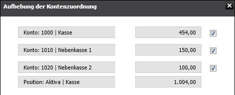 5. Prüfen Sie im Dialog 'Aufhebung der Kontenzuordnung' die Konten deren Zuordnung aufgehoben werden soll.