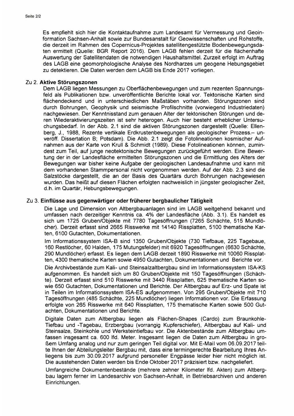 Seite 212 Es empfiehlt sich hier die Kontaktaufnahme zum Landesamt für Vermessung und Geoinformation Sachsen-Anhalt sowie zur Bundesanstalt für Geowissenschaften und Rohstoffe, die derzeit im Rahmen