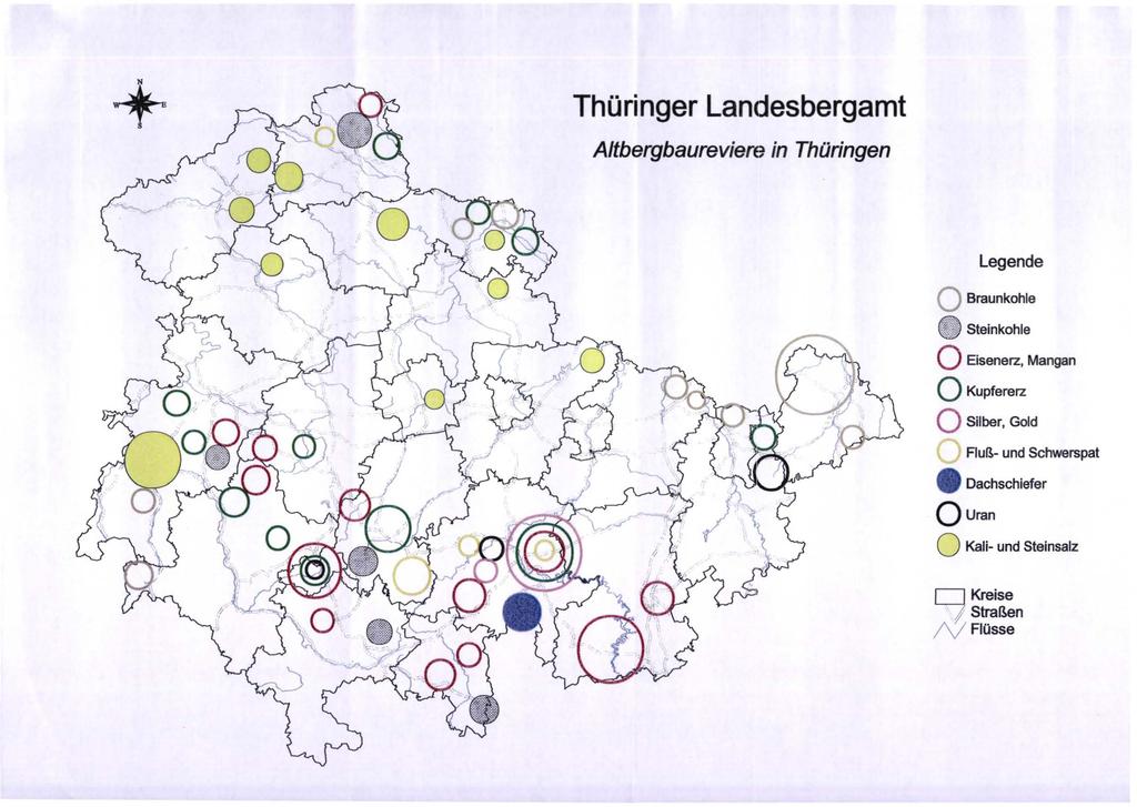 Thüringer Lancjesbergamt AltbergbaurevierE~ in Thüringen Legende n Braunkohle Ü Eisenerz, Mangan Q