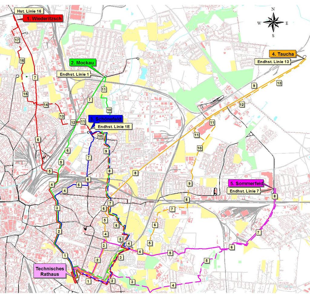 4. Aus Richtung Taucha Schnelle Route: Streckenlänge 9,5 km, Fahrzeit 35 Minuten, Endhaltestelle Linie 13, [9] Leipziger Str., [8] Torgauer Str., Torgauer Platz, [7] Edlichstr., [6] Ihmelstr.