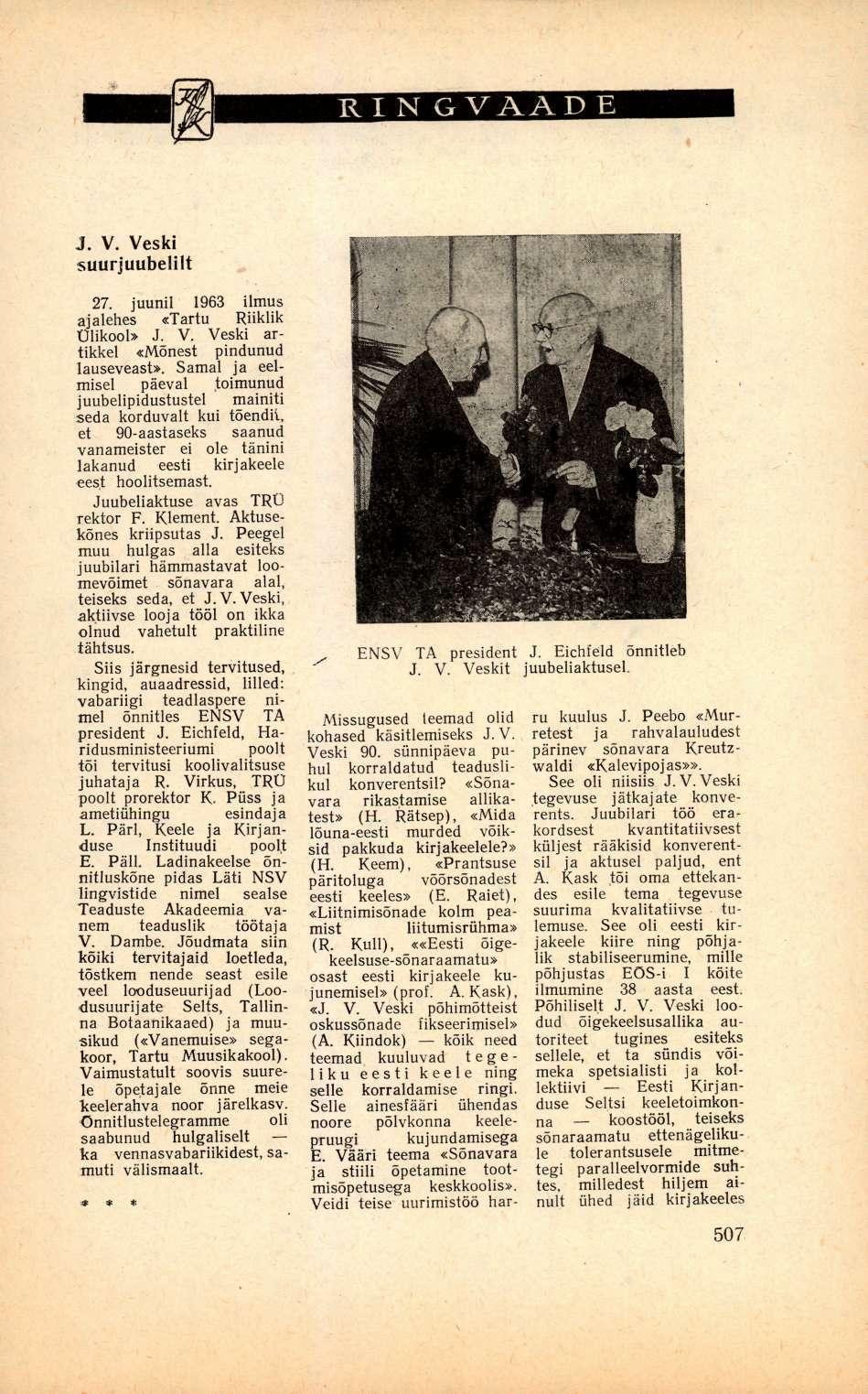 RIN GVAAD E J. V. Veski suurjuubelilt 27. juunil 1963 ilmus ajalehes «Tartu Riiklik Ülikool» J. V. Veski artikkel «Mõnest pindunud lauseveast».