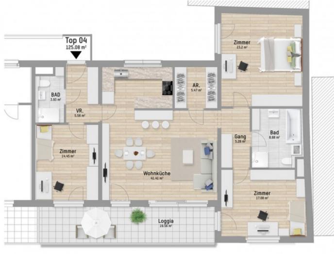 -Beschreibung der RäumlichkeitenDie kunstvolle 4-Zimmer-Wohnung betritt man über einen kleinen Vorraum, von dem aus man zu einem Bad und einem ersten