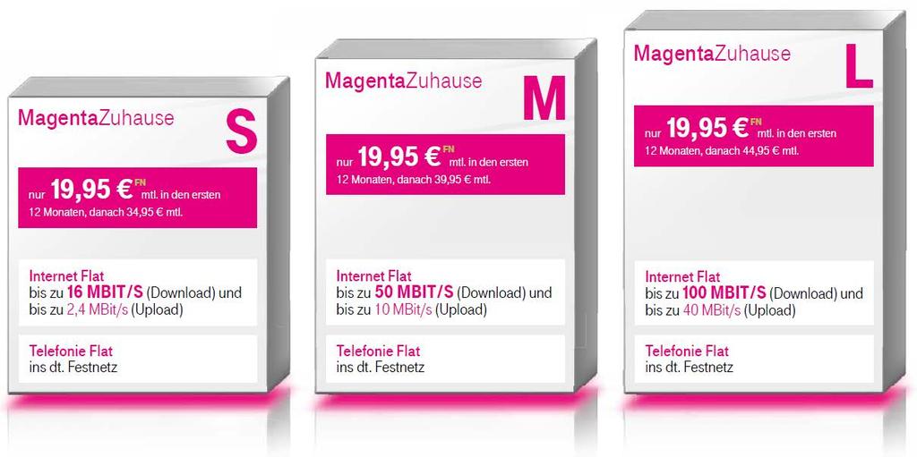 Magenta Zuhause für Telekom-Kunden Starke Angebote für Ihr Zuhause 60 Gutschrift bei Wechselvon Magenta Zuhause S auf Magenta zuhause M / L 44,95 mtl. 39,95 mtl. 34,95 mtl.