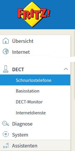 Benutzeroberfläche: Menü DECT Menü DECT: Einstellungen und Funktionen Überblick Im Menü DECT lässt sich die in die FRITZ!Box integrierte DECT-Basisstation einrichten.