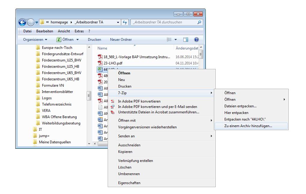 Packen Um Dateien für den Versand vorzubereiten, können Sie entweder den 7-Zip File Manager über das Startmenü aufrufen oder das Kontextmenü des Windows Explorers verwenden.