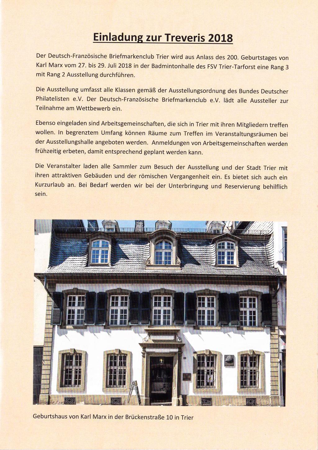 Einladung zur Treveris 2018 Der Deutsch-Französische Briefmarkenclub Trier wird aus Anlass des 200. Geburtstages von Karl Marx vom 27. bis 29.