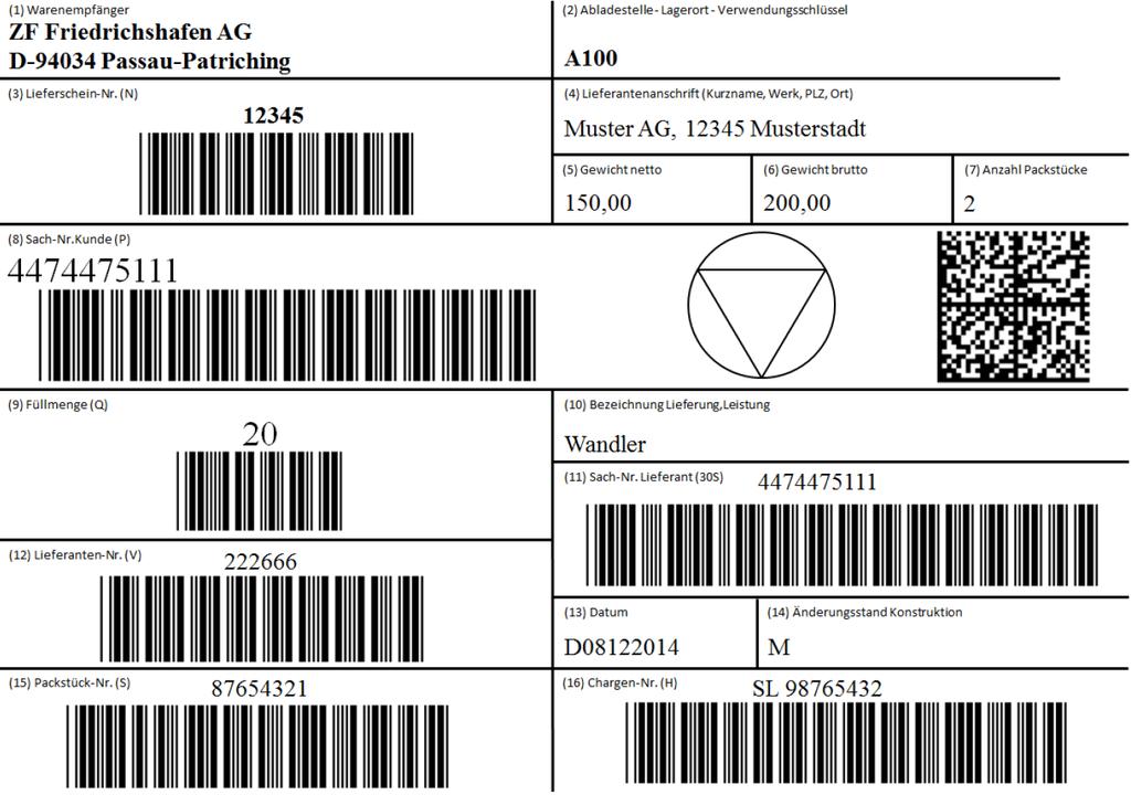 VDA-Label 4902 + Data-Matrix-Code Der Lieferant hat sicherzustellen, dass Warenanhänger nach VDA