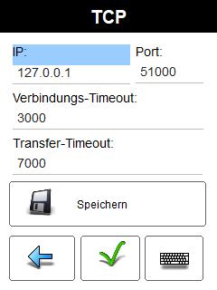 TCP: Über Verbindung Protokoll (TCP) erscheint nachfolgendes Fenster: IP, Port: Hier wird die TCP/IP Adresse und Port (Default: 51000) für die Datenübertragung eingegeben.